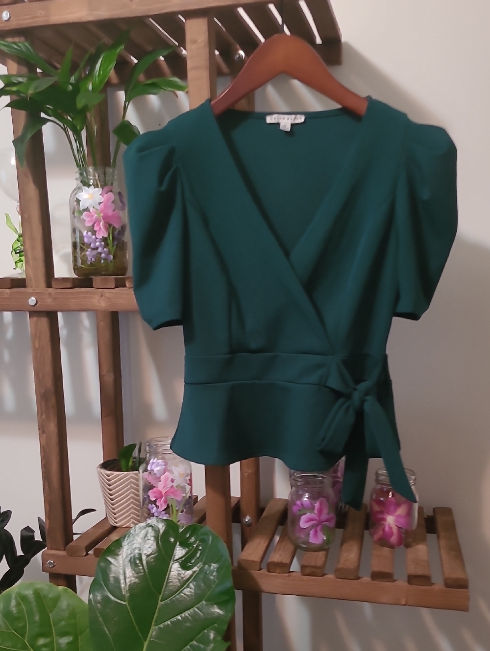 Emerald Green Puff Sleeve Peplum Blouse